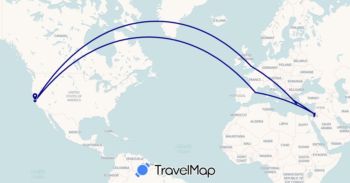 TravelMap itinerary: driving in Spain, United Kingdom, Greece, Israel, Jordan, United States (Asia, Europe, North America)